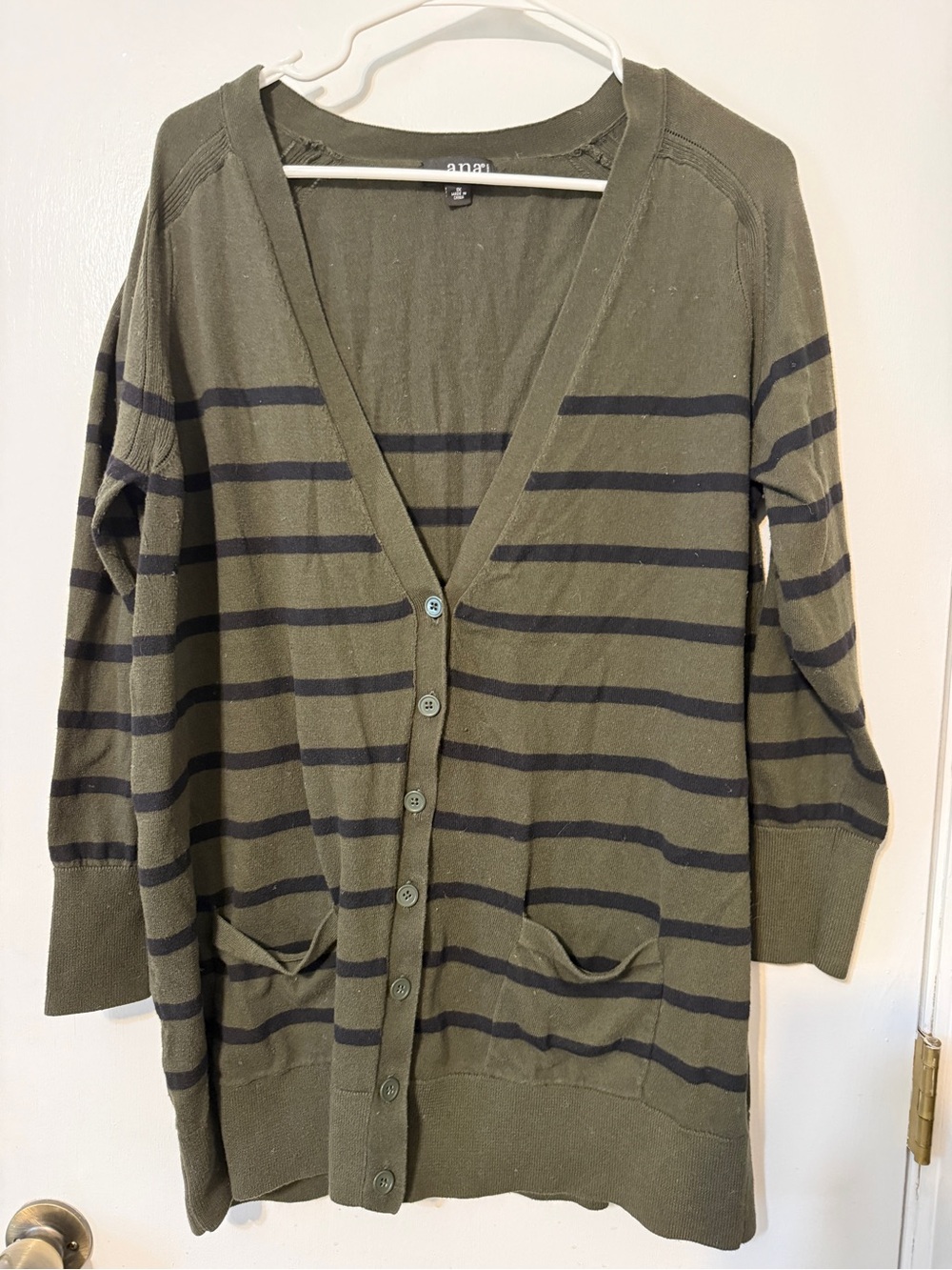 a.n.a Olive Green Button-Front Cardigan with Navy Stripes